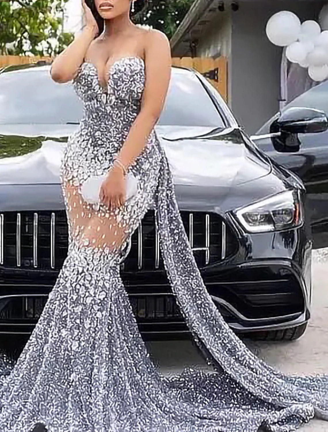 Mermaid / Trumpet Evening Gown Sparkle & Shine Dress Carnival Formal Court Train Sleeveless Strapless African American Sequined with Beading Sequin