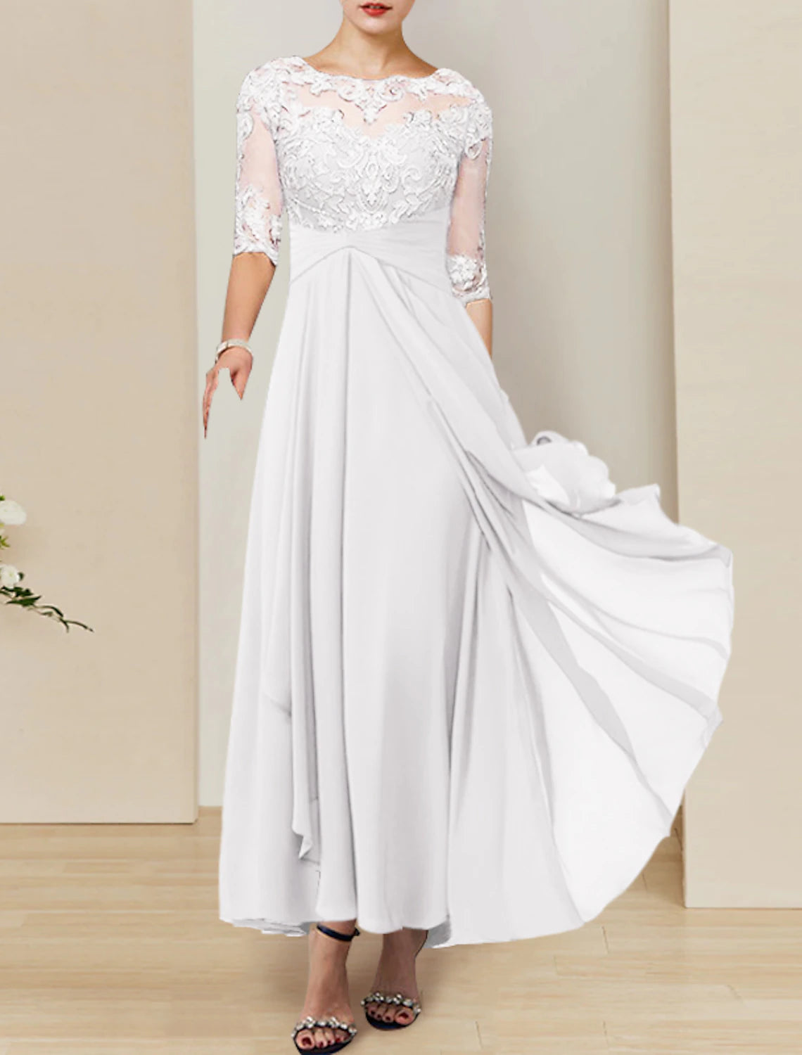 Bridal Shower Simple Wedding Dresses Wedding Dresses A-Line V Neck 3/4 Length Sleeve Tea Length Chiffon Bridal Gowns With Appliques Solid Color