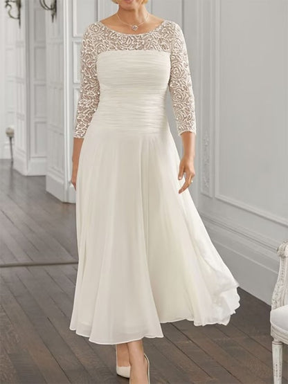 A-Line/Princess Chiffon Applique Scoop 3/4 Sleeves Tea-Length Mother of the Bride Dresses