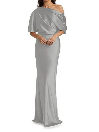 Elegant and tight fitting column shaped elastic woven satin pleats on one shoulder 1/2 sleeves and floor length bridal Mother of the Bride Dresses