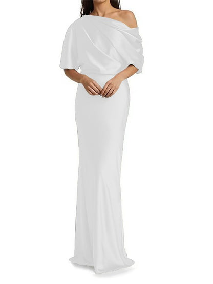 Elegant and tight fitting column shaped elastic woven satin pleats on one shoulder 1/2 sleeves and floor length bridal Mother of the Bride Dresses