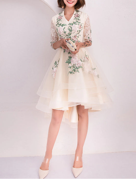 A-Line Chinese Style Floral Party Wear Cocktail Party Dress V Neck Half Sleeve Knee Length Tulle with Tier Appliques