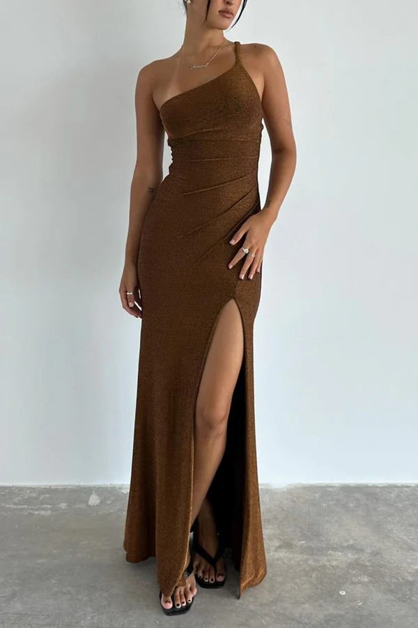 Shoulder fitting side slit party dance evening dress