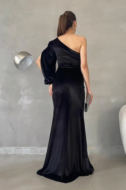 Unique and modern one shoulder long sleeved evening dress