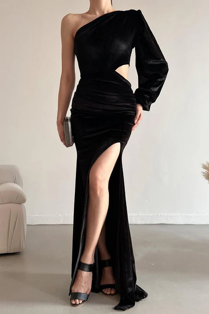 One shoulder long sleeved black velvet slit long evening dress