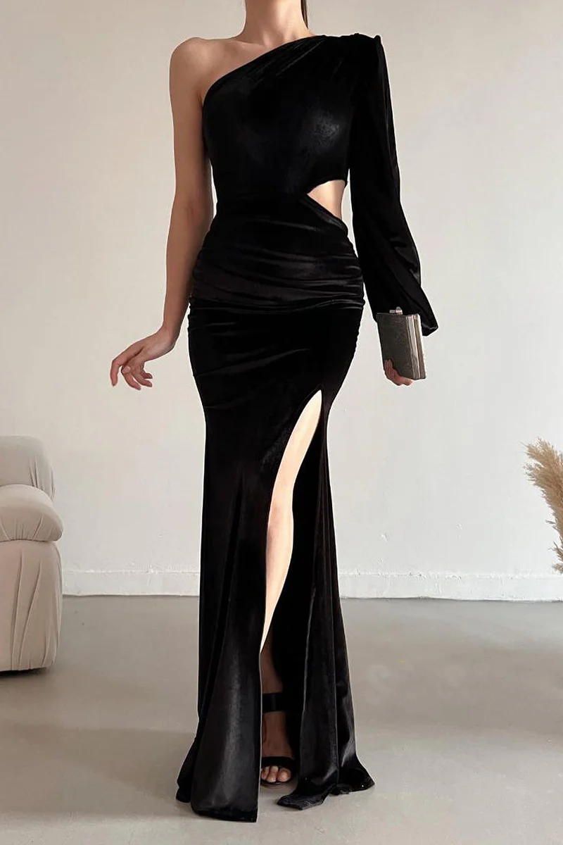 One shoulder long sleeved black velvet slit long evening dress