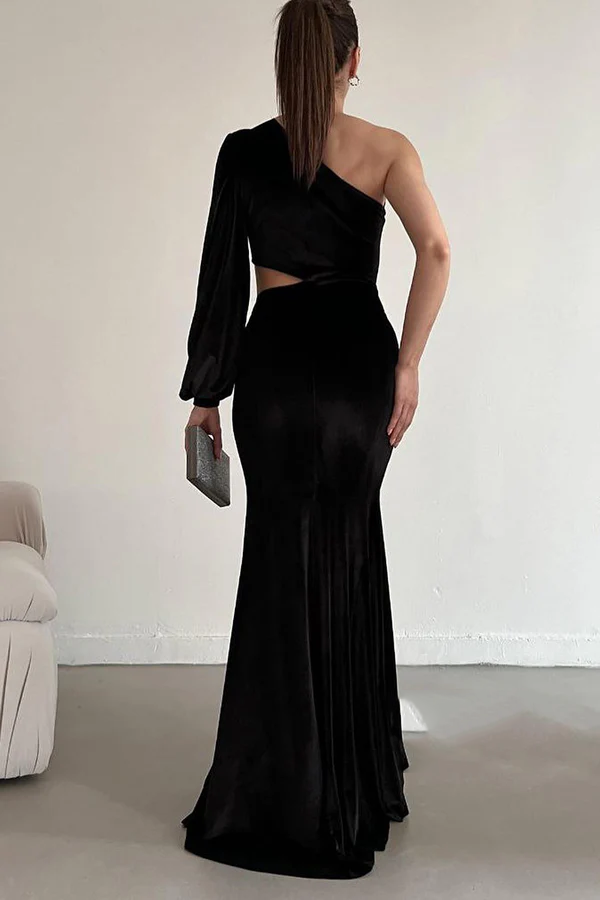 One shoulder long sleeved black velvet slit long evening dress