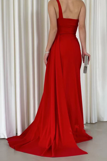 Unique and modern one shoulder red slit long evening dress