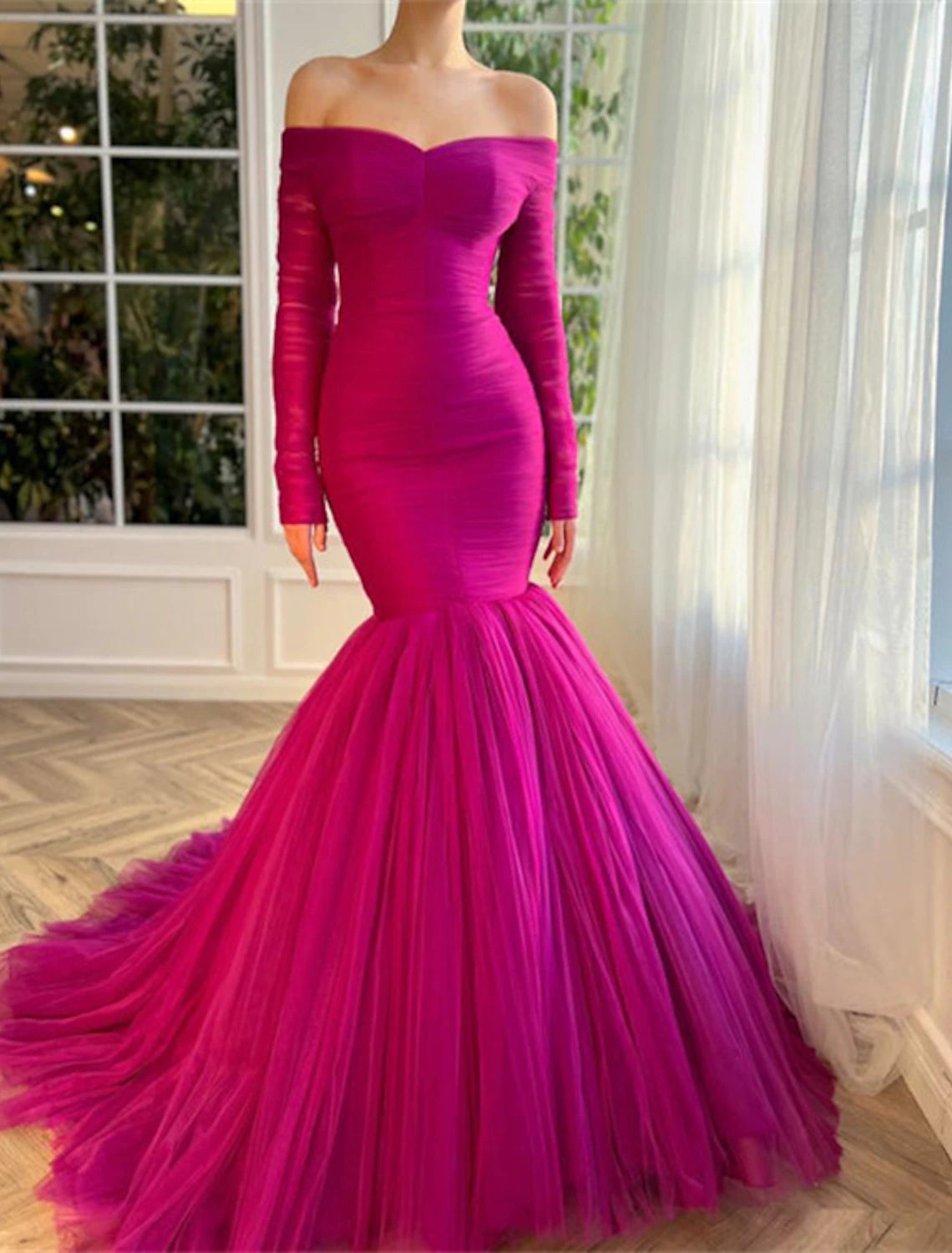 Mermaid Formal Red Green Dress Evening Gown Elegant Dress Wedding Guest Wedding Party Court Train Long Sleeve Off Shoulder Tulle with Ruched