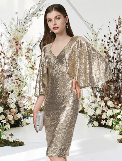 Sheath / Column Cocktail Dresses Glittering Dress Graduation Cocktail Party Knee Length Half Sleeve V Neck Sequined with Sleek