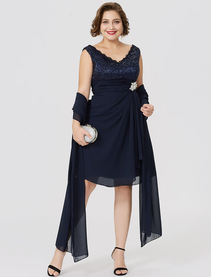 A-Line Mother of the Bride Dress Classic & Timeless Plus Size Wrap Included V Neck Knee Length Chiffon Lace Sleeveless yes with Ruched Crystal Brooch