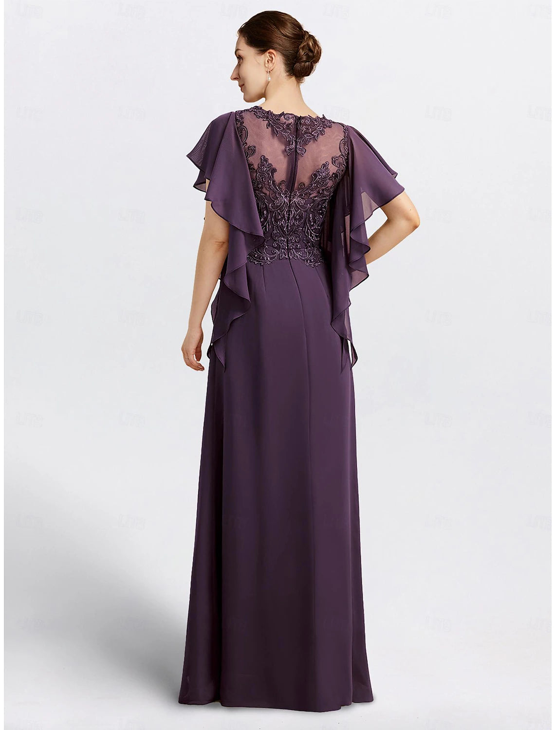 Sheath Mother of the Bride Dress Cape Dress Formal Wedding Guest Elegant Jewel Neck Floor Length Chiffon Short Sleeve with Beading Appliques