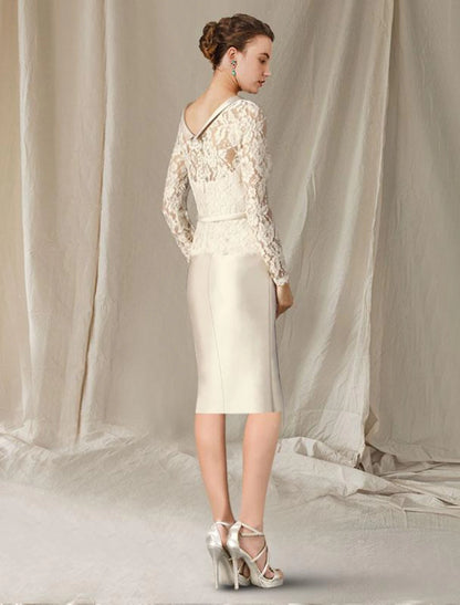 Sheath / Column Mother of the Bride Dress Elegant Jewel Neck Knee Length Satin Lace 3/4 Length Sleeve with Bow(s) Flower