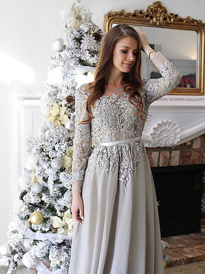 A-Line/Princess Chiffon Applique Bateau Long Sleeves Sweep/Brush Train Dresses