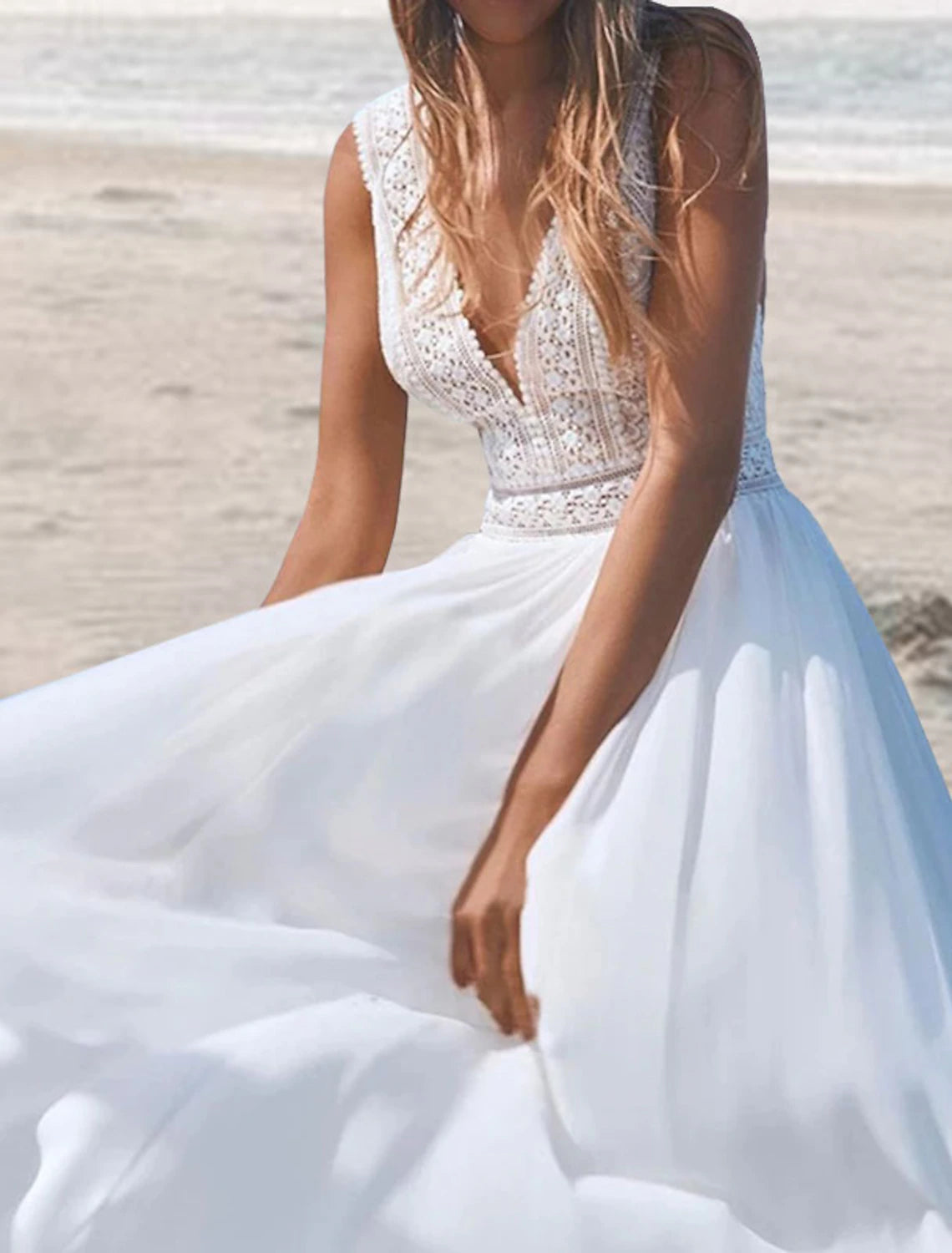 Beach Open Back Boho Wedding Dresses A-Line V Neck Sleeveless Floor Length Chiffon Bridal Gowns With