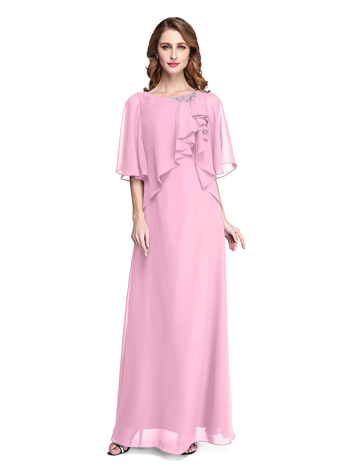 Sheath / Column Mother of the Bride Dress Elegant Open Back Jewel Neck Floor Length Chiffon Half Sleeve with Pleats Beading Ruffle