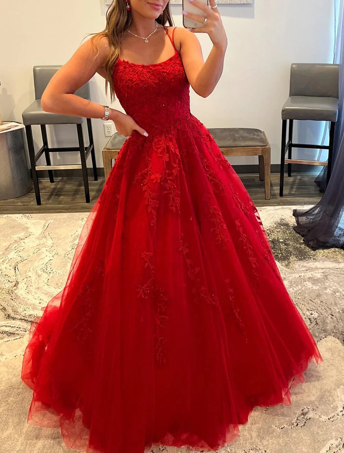 A-Line Prom Dresses Elegant Dress Wedding Guest Evening Party Floor Length Sleeveless Spaghetti Strap Royal Style Tulle Backless with Crystals Appliques