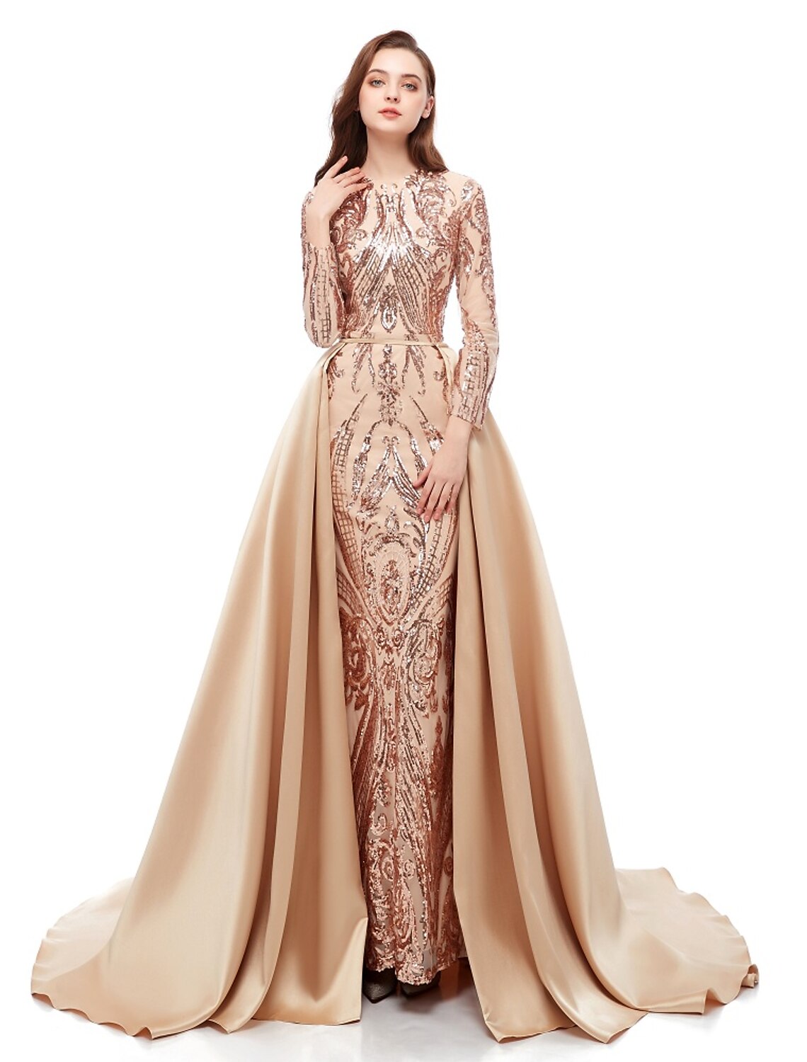 Mermaid Party Dress Evening Gown Luxurious Dress Carnival Wedding Guest Court Train Long Sleeve Jewel Neck Detachable Satin with Sequin Overskirt Pattern / Print