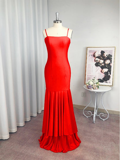 Sheath/Column Satin Sleeveless Layers Spaghetti Straps Floor-Length Dresses