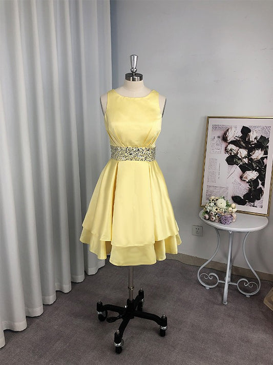 A-Line/Princess Satin Beading Scoop Sleeveless Short/Mini Homecoming Dresses