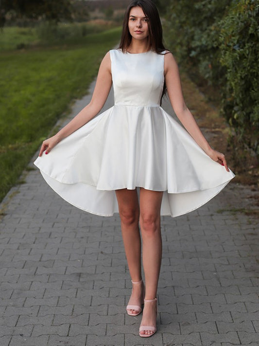 A-Line/Princess Satin Ruffles Jewel Sleeveless Short/Mini Homecoming Dresses