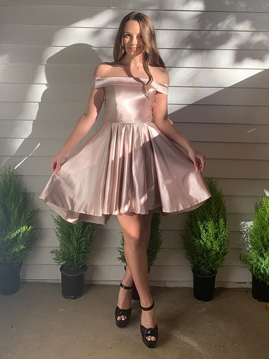 A-Line/Princess Off-the-Shoulder Satin Sleeveless Ruffles Short/Mini Homecoming Dresses