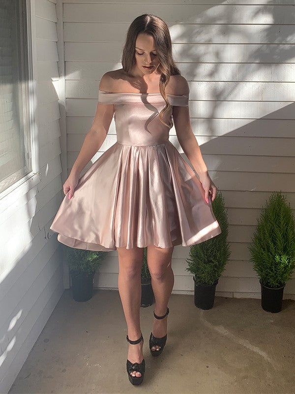 A-Line/Princess Off-the-Shoulder Satin Sleeveless Ruffles Short/Mini Homecoming Dresses