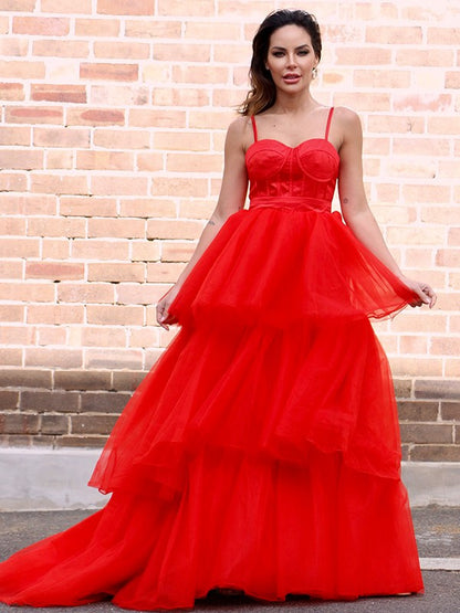 A-Line/Princess Tulle Layers Spaghetti Straps Sleeveless Sweep/Brush Train Dresses