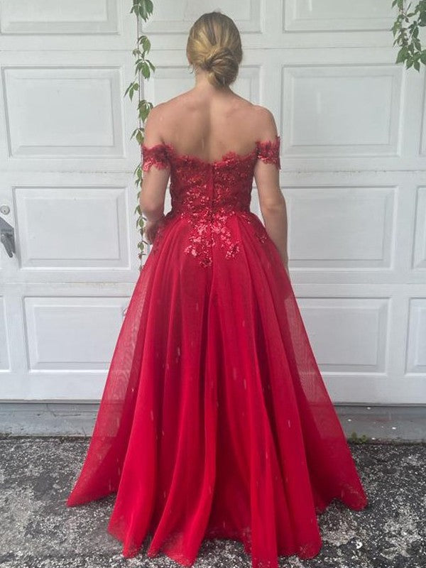 A-Line/Princess Off-the-Shoulder Tulle Applique Sleeveless Floor-Length Dresses