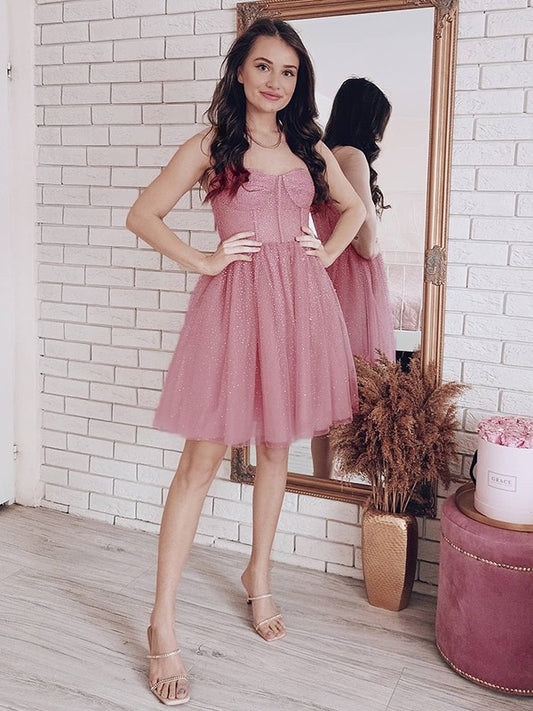 A-Line/Princess Spaghetti Straps Paillette Sleeveless Tulle Short/Mini Homecoming Dresses