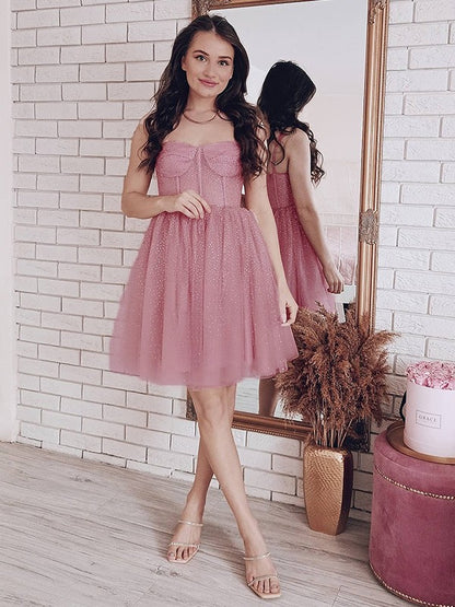 A-Line/Princess Spaghetti Straps Paillette Sleeveless Tulle Short/Mini Homecoming Dresses