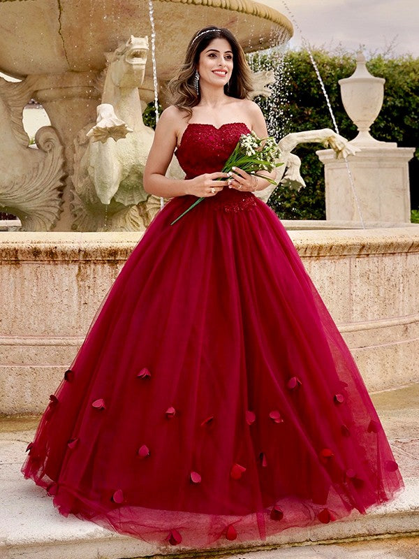 Ball Gown Tulle Applique Sweetheart Sleeveless Floor-Length Dresses