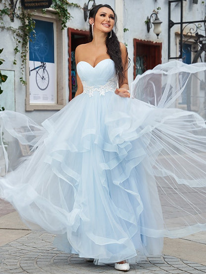 A-Line/Princess Tulle Applique Sweetheart Sleeveless Floor-Length Dresses