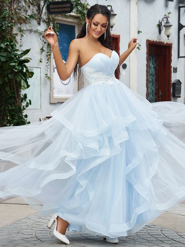 A-Line/Princess Tulle Applique Sweetheart Sleeveless Floor-Length Dresses