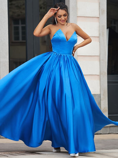 A-Line/Princess Satin Ruffles Sweetheart Sleeveless Floor-Length Dresses