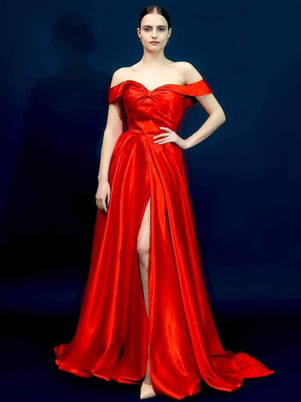 A-Line/Princess Silk like Satin Ruched Off-the-Shoulder Sleeveless Sweep/Brush Train Dresses