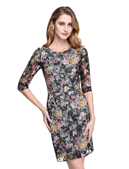 Sheath / Column Mother of the Bride Dress Floral Jewel Neck Short / Mini Lace Half Sleeve No with Lace