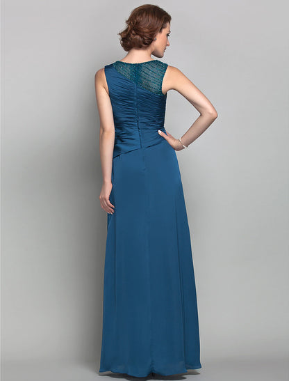 Sheath / Column Mother of the Bride Dress Vintage Inspired Jewel Neck Floor Length Satin Chiffon Sleeveless with Beading