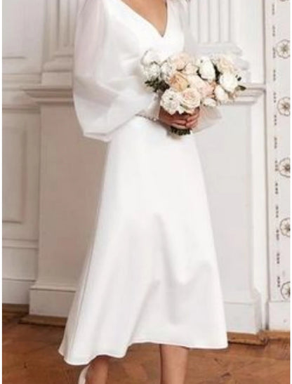 Little White Dresses Wedding Dresses A-Line V Neck Long Sleeve Tea Length Satin Bridal Gowns With Pleats Solid Color