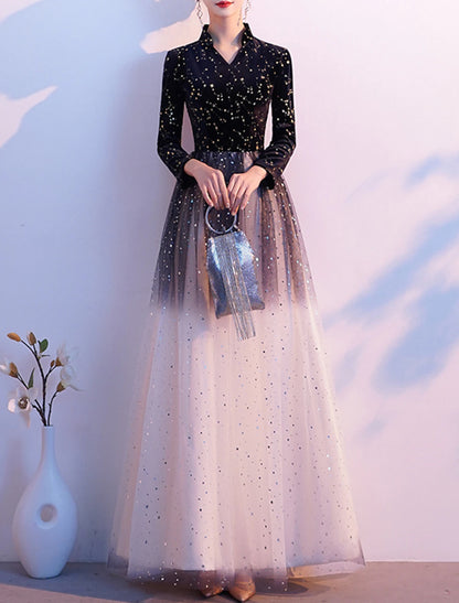 A-Line Glittering Elegant Prom Formal Evening Dress Queen Anne Long Sleeve Floor Length Tulle with Sequin 2024