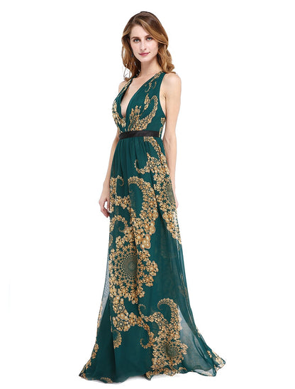 A-Line Mother of the Bride Dress Floral Open Back V Neck Floor Length Chiffon Sleeveless No with Sash / Ribbon