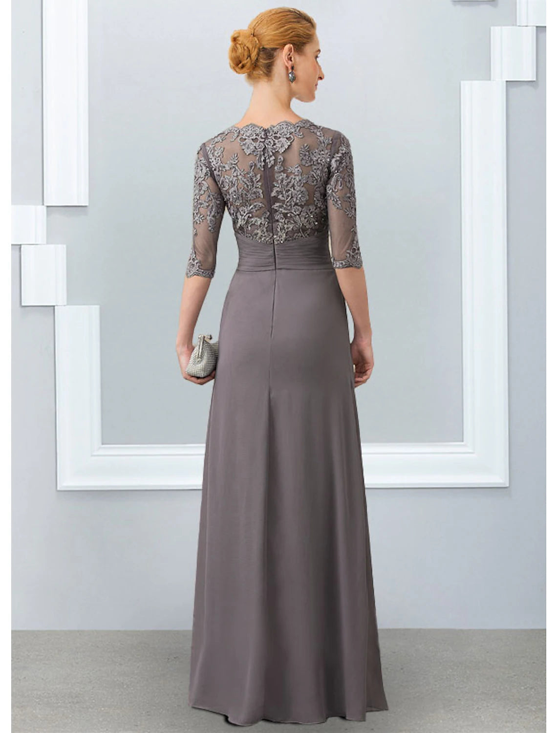 Sheath / Column Mother of the Bride Dress Elegant Jewel Neck Floor Length Chiffon Lace 3/4 Length Sleeve with Appliques