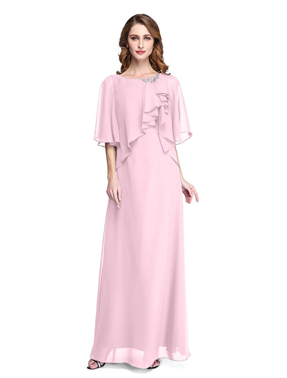 Sheath / Column Mother of the Bride Dress Elegant Open Back Jewel Neck Floor Length Chiffon Half Sleeve with Pleats Beading Ruffle