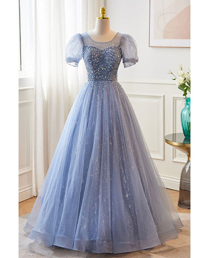 Unique and beautiful sky blue low round neck short sleeved beaded sequin ball dress with sky blue A-line/princess backless strap and ground length evening dress