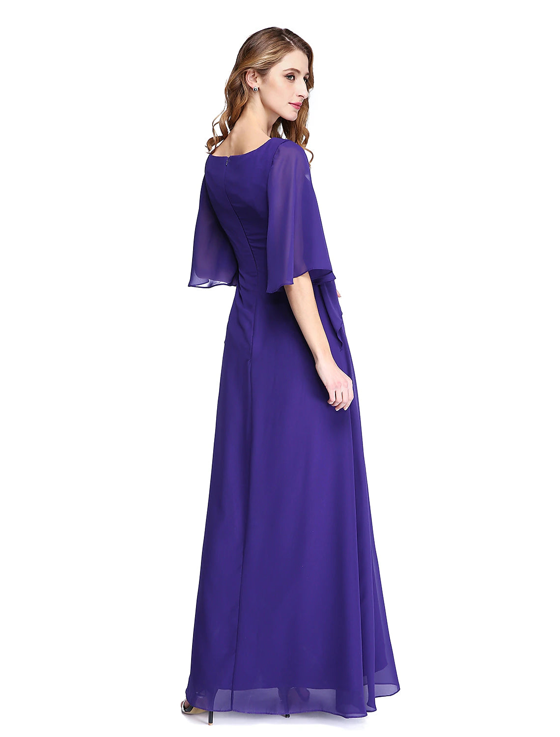 Sheath / Column Mother of the Bride Dress Elegant Open Back Jewel Neck Floor Length Chiffon Half Sleeve with Pleats Beading Ruffle