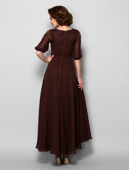 A-Line Mother of the Bride Dress Elegant Jewel Neck Ankle Length Chiffon Half Sleeve with Sash / Ribbon Ruched