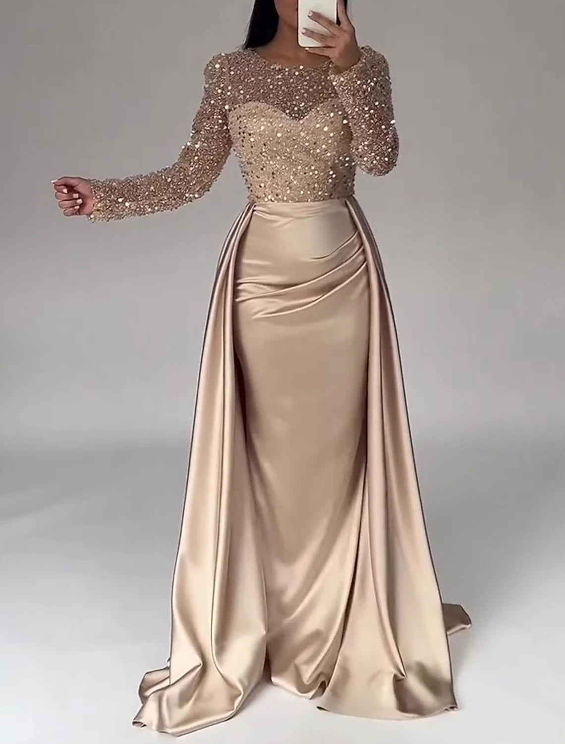 Mermaid Sequin Evening Gown Ruched Satin Dress Long Sleeves Floor Length Sparkle Illusion Neck Fall Wedding Guest Dress with Pearls Overskirt