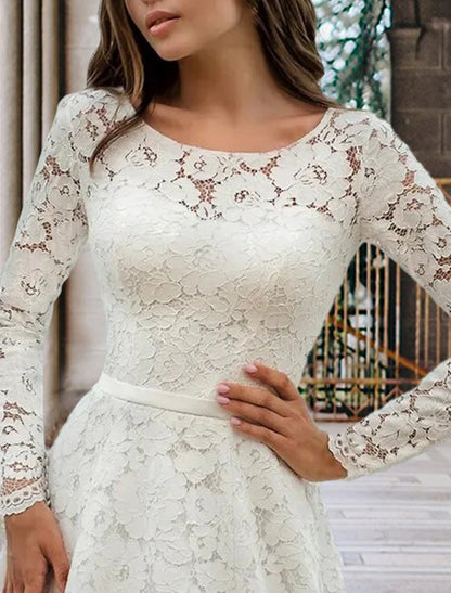 Engagement Formal Fall Wedding Dresses A-Line Illusion Neck Long Sleeve Court Train Lace Bridal Gowns With Sashes / Ribbons Pleats Summer Wedding Party