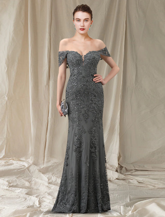 Sheath / Column Mother of the Bride Dress Elegant Off Shoulder Floor Length Lace Tulle Sequined Sleeveless with Pleats Appliques