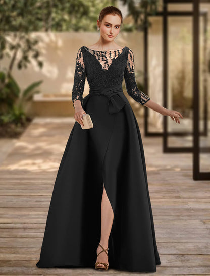 A-Line Evening Gown Open Back Dress Formal Wedding Guest Floor Length 3/4 Length Sleeve Scoop Neck Lace with Slit Strappy 2024
